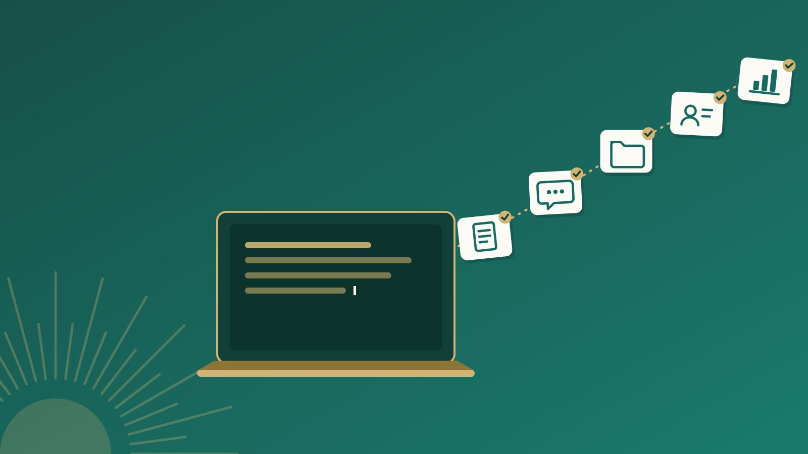 Ilustración de una laptop de la que salen cinco tareas resueltas: una factura, un mensaje, una carpeta, un contacto y un reporte.