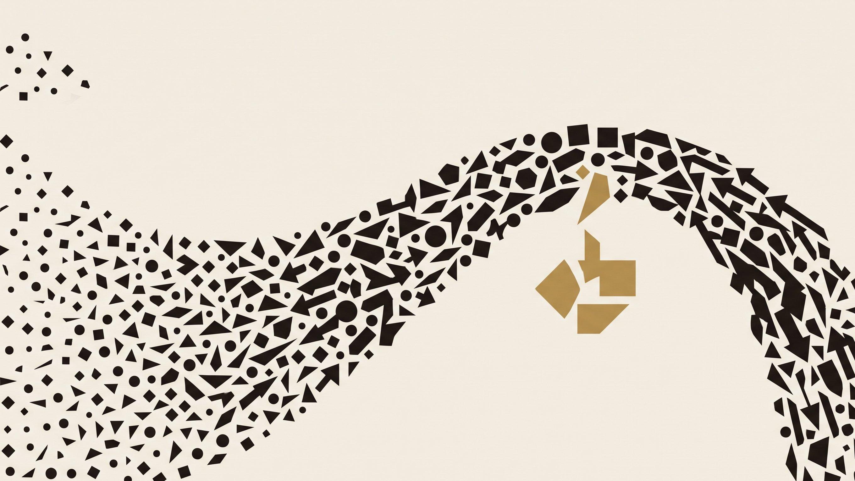 Ilustración abstracta: un flujo denso de formas negras que cruza de izquierda a derecha y unas pocas formas doradas que se separan y se quedan