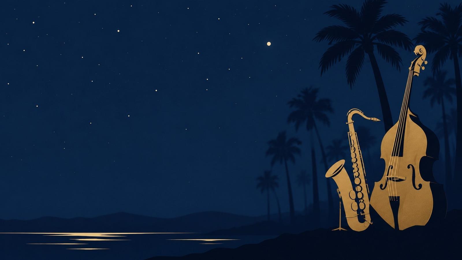 Ilustración nocturna: un saxofón y un contrabajo en dorado junto a la playa, con palmeras en silueta, la luna en el cielo estrellado y su reflejo sobre el agua