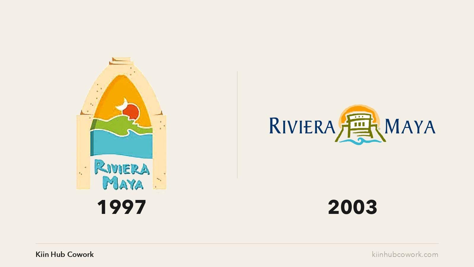 Los dos logos de la marca Riviera Maya lado a lado: el de 1997, un arco maya con la luna, el sol, la selva y el mar, y el de 2003, el nombre en letras azules con un templo y el sol detrás