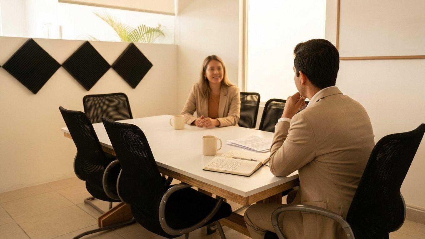 Dos personas conversan frente a frente en una mesa de juntas, con dos tazas, una libreta abierta y documentos sobre la mesa