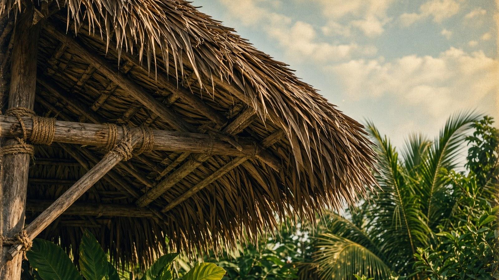 Vista desde abajo de una palapa, con sus vigas de madera amarradas con cuerda y el techo de palma seca, rodeada de vegetación tropical